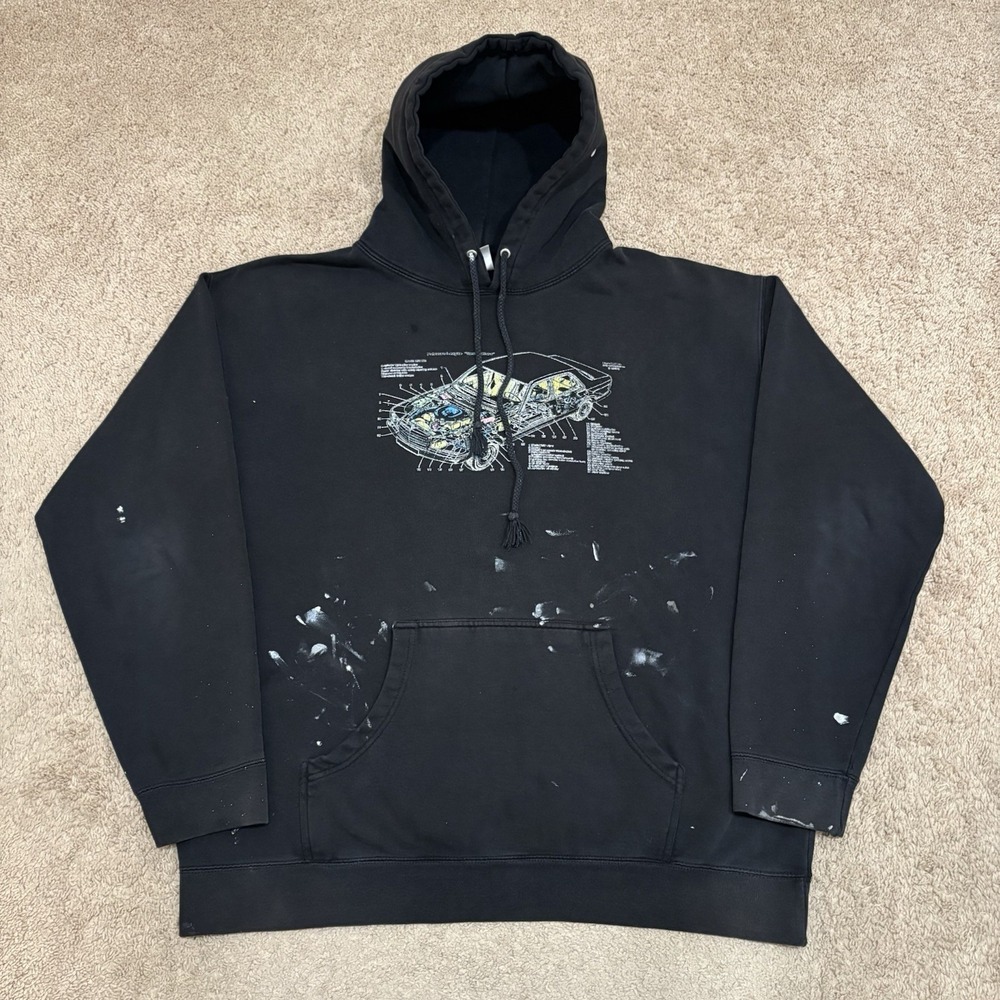 Vintage Mercedes Benz Diagnostic Hoodie Mens XL Faded Black Painted Grunge Retro